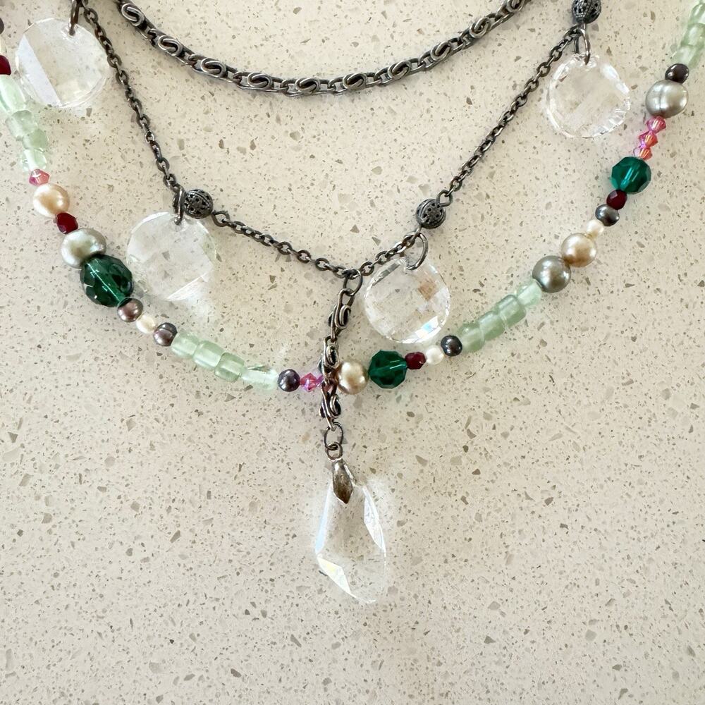 Gorgeous Mixed Media Tiered Necklace Beaded‎ And Silver Tone Chain Dangle Boho